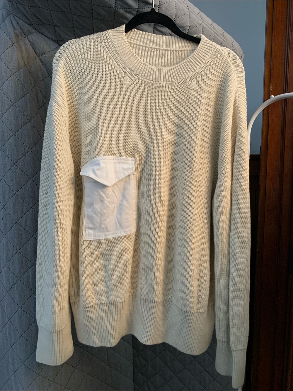 Zara Cream Knit Crewneck Sweater with White Patch Pocket